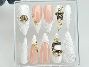Pearl Starfish Shell Press On Nails by dorynail | Ocean Theme 3D Press Ons | Mermaid Bride Fake Nails | Pearl Bridal Nail Art | OC849YC