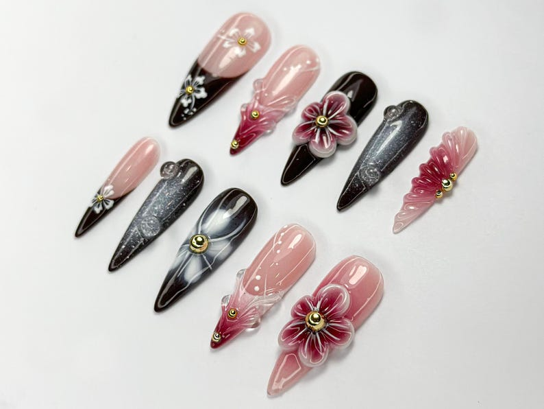 Elegant Red Floral Press On Nails | 3D Red Blossom Nail Set | Elegant Spring Nails | Glossy Floral Nail Set | Dark Glam Nails | OC756HC