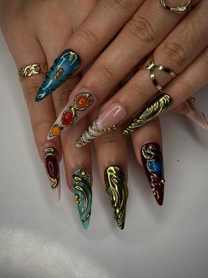 Colorful 3D Texture Press On Nails | 3D Gemstone Royalty Nail Art | Handmade Luxury Statement Nails | Elegant Fantasy Nail Set | OB148HK