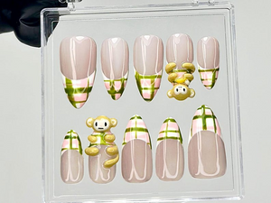 Kawaii Monkey Press On Nails | 3D Animal Fake Nails | Plaid & Monkey Nail Art | Pastel French Tips Press Ons | Kawaii Nails | OB908YC
