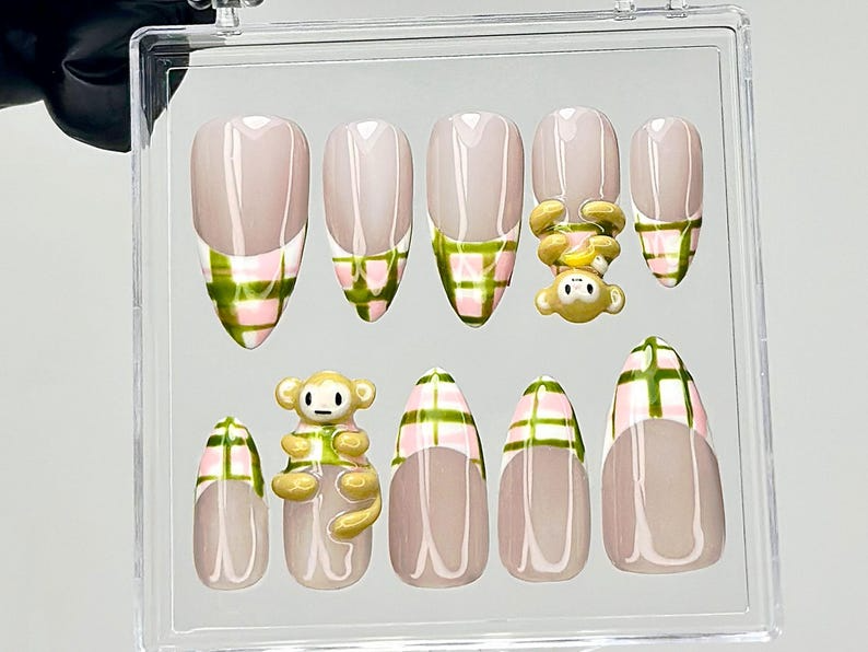 Kawaii Monkey Press On Nails | 3D Animal Fake Nails | Plaid & Monkey Nail Art | Pastel French Tips Press Ons | Kawaii Nails | OB908YC