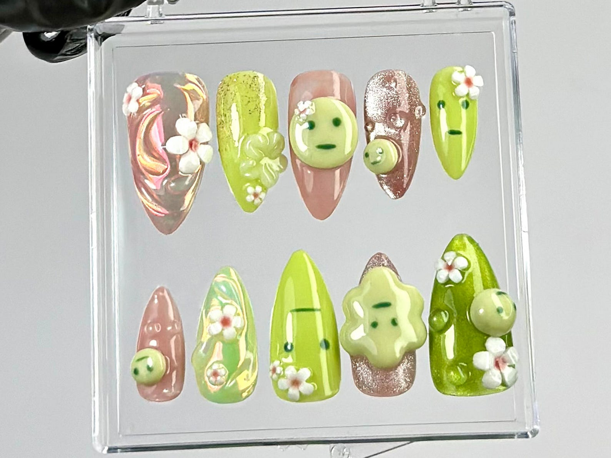 Kawaii Green Press On Nails by Dory Nails | Green & Pink 3D Nail Art | Whimsical 3D Fake Nails | Kawaii Nails with Flowers | Gifts | OC790YK