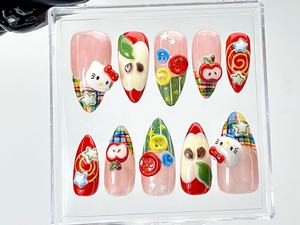 Hello Kitty Apple Press On Nails | Kawaii Cartoon Fake Nails | Fun 3D Fruit Nail Art | Playful Japanese Nails | Kawaii Nails | OB904YK