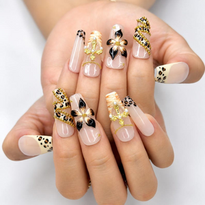 Cheetah Leopard Print Fake Nails • Gold Cross Pearl Charm Coffin Shape • Reusable Glue On Nails • Vacation Party Gift for Her • OB438ZG