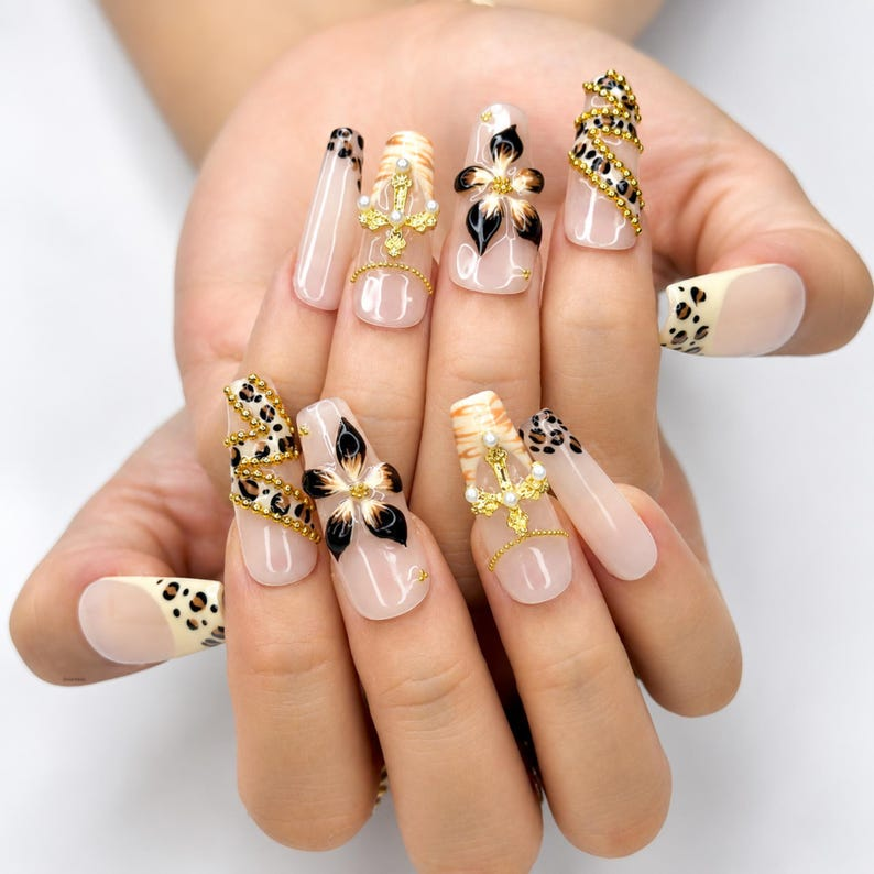 Cheetah Leopard Print Fake Nails • Gold Cross Pearl Charm Coffin Shape • Reusable Glue On Nails • Vacation Party Gift for Her • OB438ZG