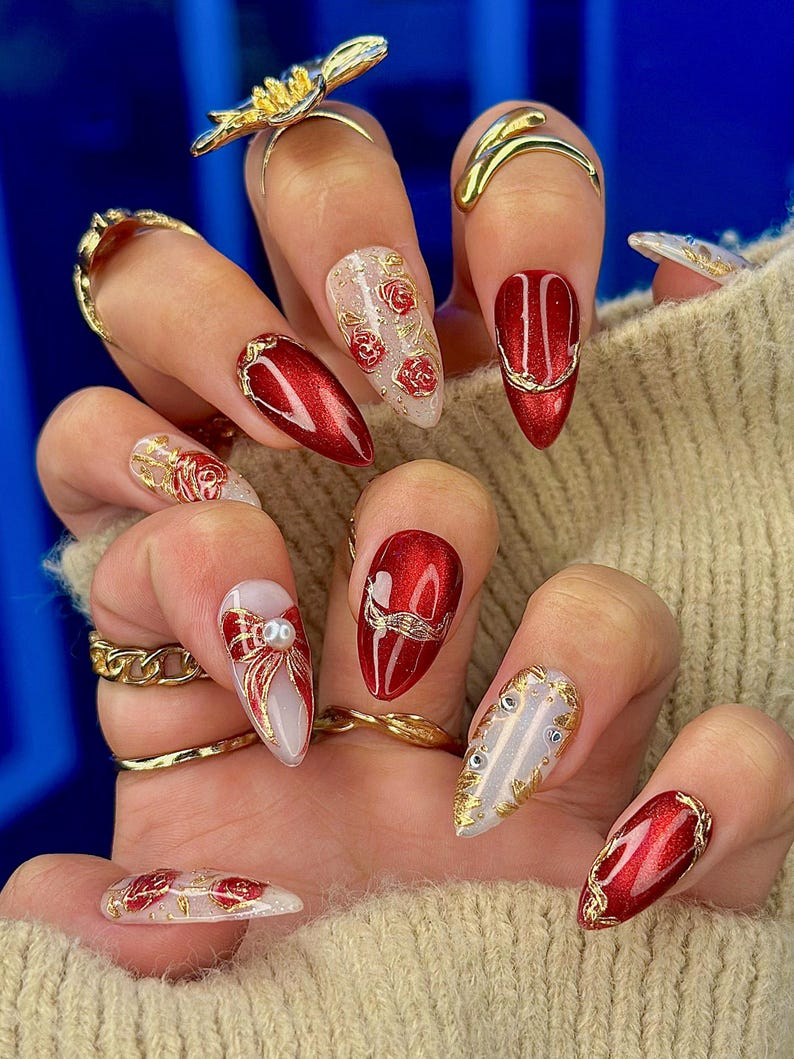Press On Nails For Christmas | Holiday Christmas Nails | Gold Leaf Luxury Nail Art | Pearl Accent Classy Nails | OB210EC