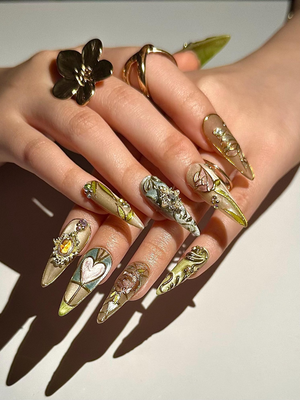 Baroque Stained Glass Press On Nails | Vintage Luxury Heart Nails | Handmade Victorian Aesthetic Nails | Handmade Stiletto Press Ons|OB311HC