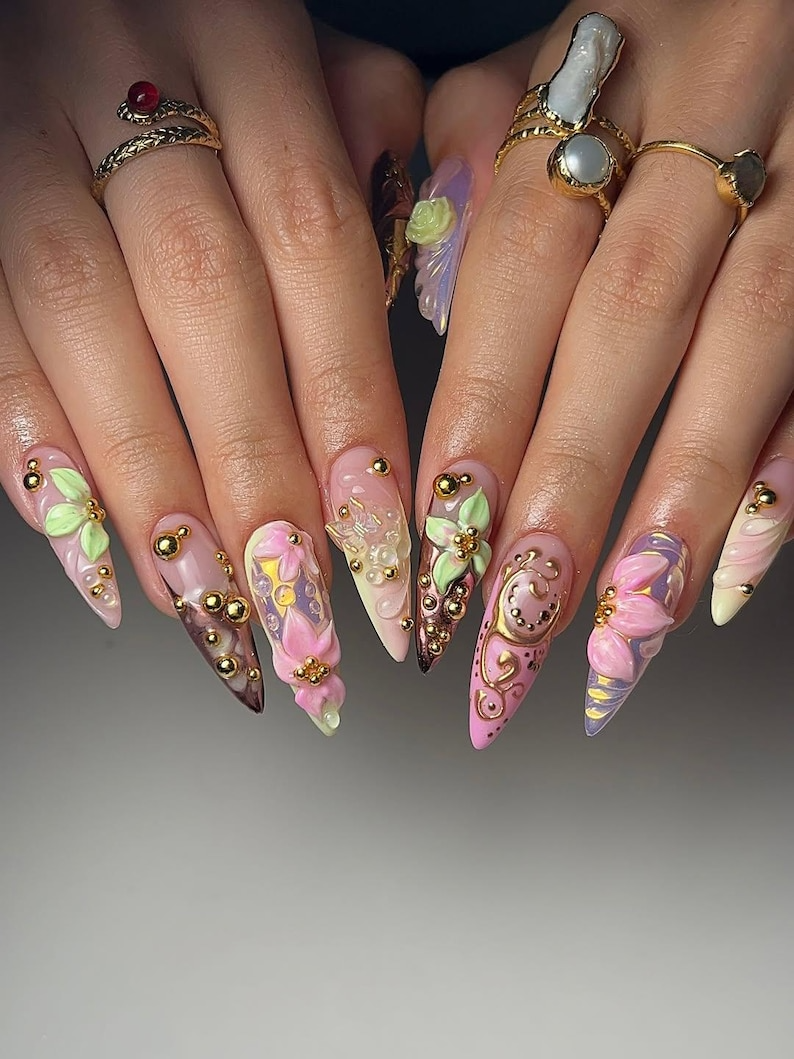 Enchanted Garden Fantasy Press On Nails | 3D Floral Nail Art | Iridescent Pink Luxury Nails | Handmade Long Sculpted Nails | OB190EC