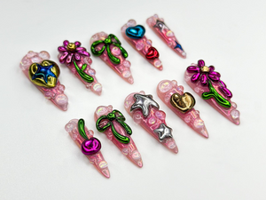Metallic Bubble Press On Nails | 3D Y2K Chrome Star Heart Nails | Funky Cute Cherry Bow Nail Art | Iridescent Pink Press On Set | OB815HK
