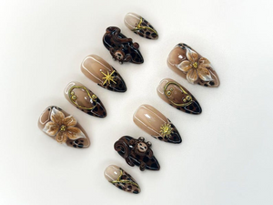 Jungle Safari Monkey Press On Nails | 3D Flower & Leopard Print Nail Art | Exotic Animal Nail Set | Handmade Safari Nails | OB1116K