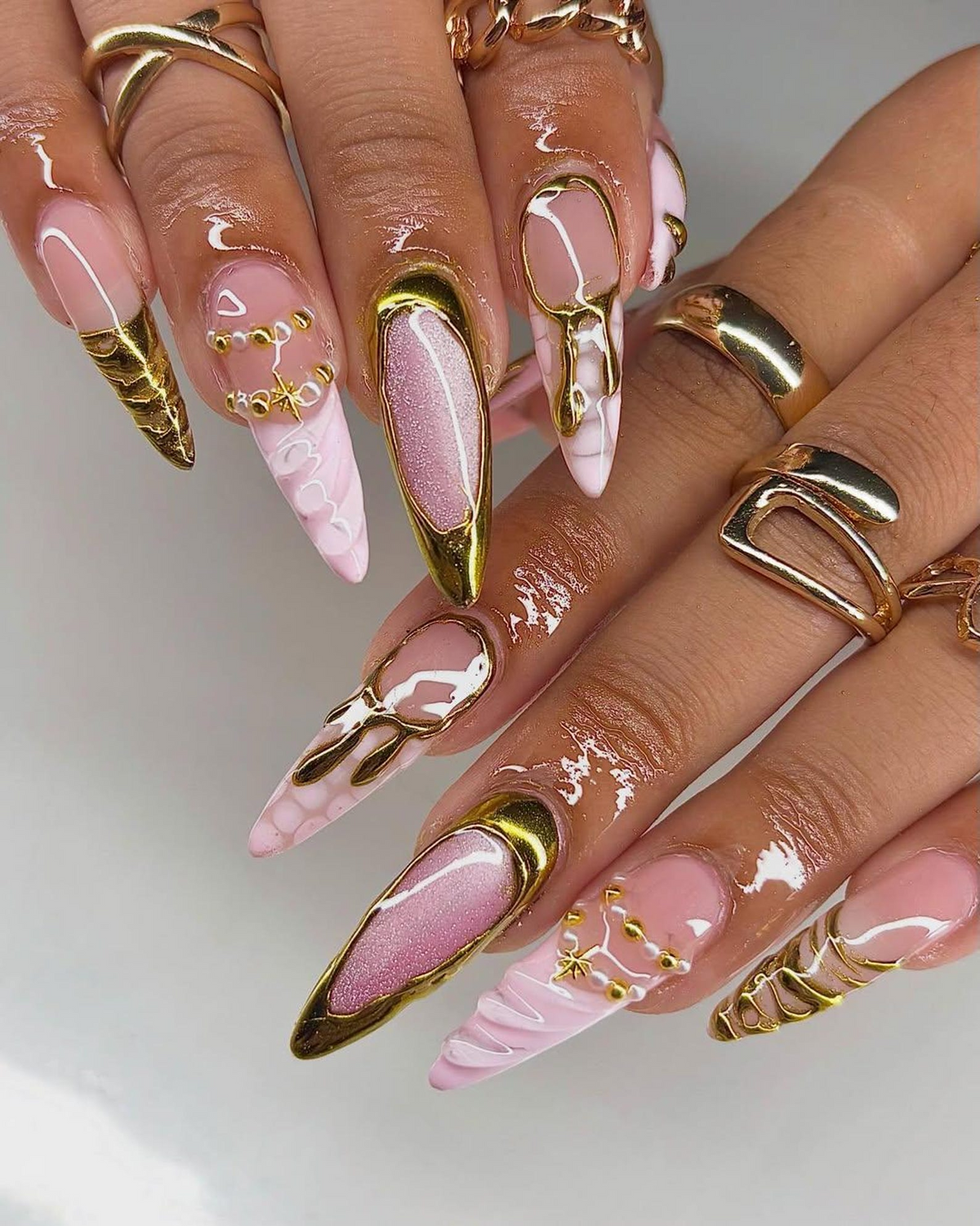 Nude Pink Gold Press On Nails | Luxury Molten Metal Nail Art | Elegant Long Stiletto Press Ons | Baroque Couture Nail Design | OC1246HC