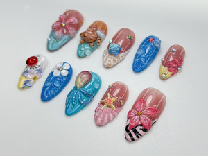 Tropical Sea Turtle Press On Nails | 3D Beach Shell & Starfish Nails | Handmade Summer Mermaid Vibes | Tropical Sea Nail Art | OB809HK
