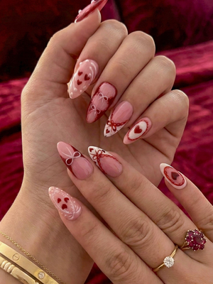 Press On Nails Adhesive Tabs – Pink Red Heart & Bow Design Long Almond Handmade Fake Nails for Valentine Gift | OB5L