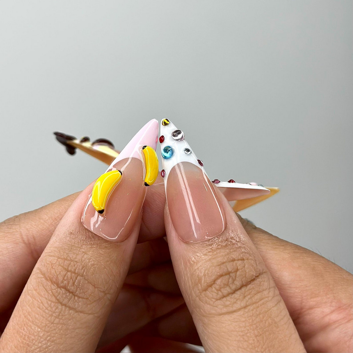 3D Monkey Banana Press On Nails | Cute Pink Star & Fruit Fake Nails | Kawaii Handmade Nail Art | Playful Cute Nails | Cartoon Nails |OB255YC