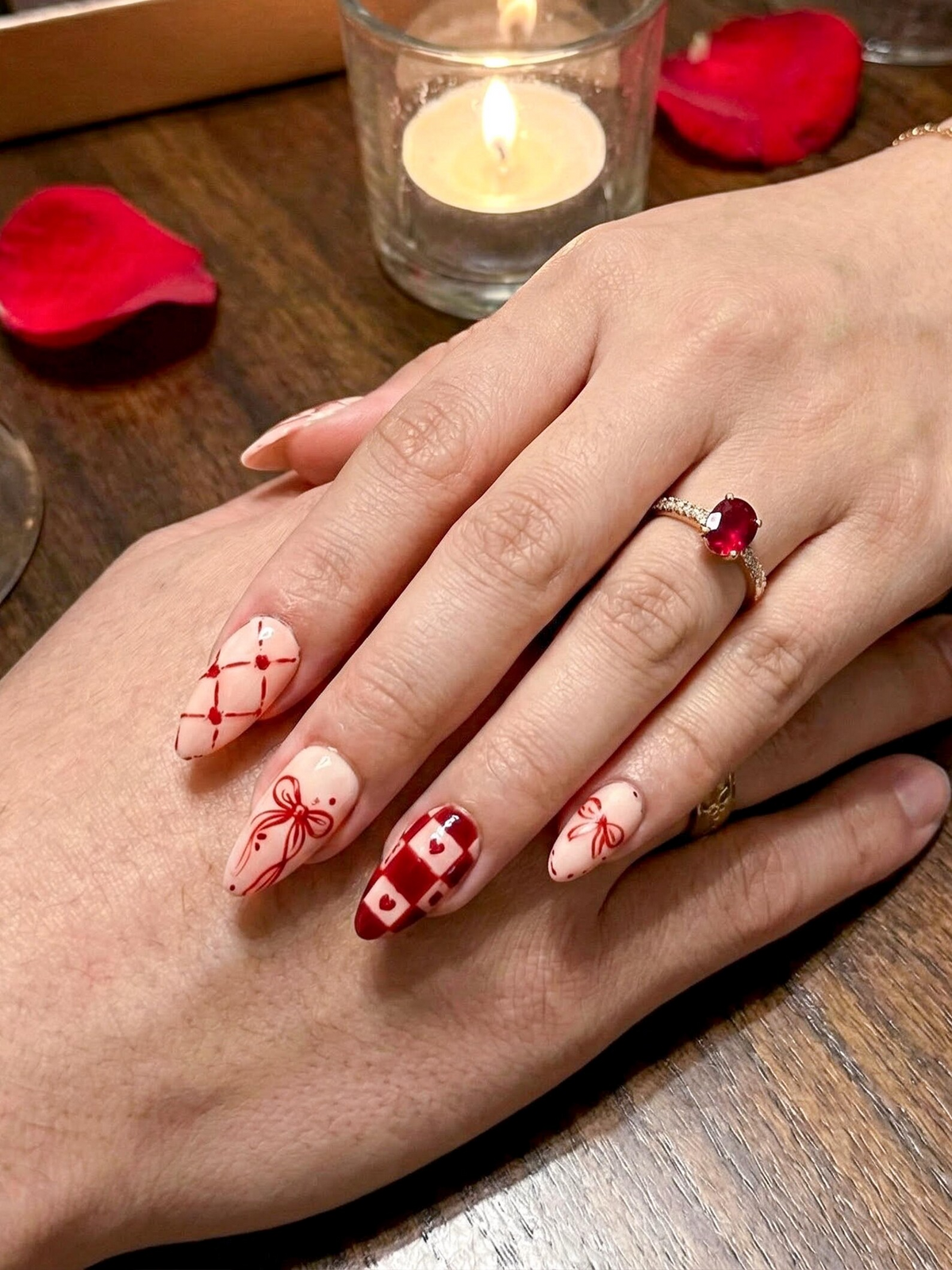 Sweetheart Bow Valentine Press On Nails | Heart Ribbon Romantic Nail Art | Red Gingham Love Nails | Cute Romantic Nail Set | OB274EC