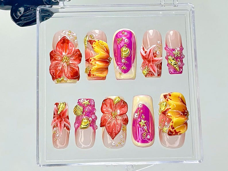 Tropical Hibiscus Press On Nails | 3D Floral Summer Fake Nails | Summer Bloom Nail Art | Sunset Color Bloom Kawaii Nails | 3D Nails |OB932YC