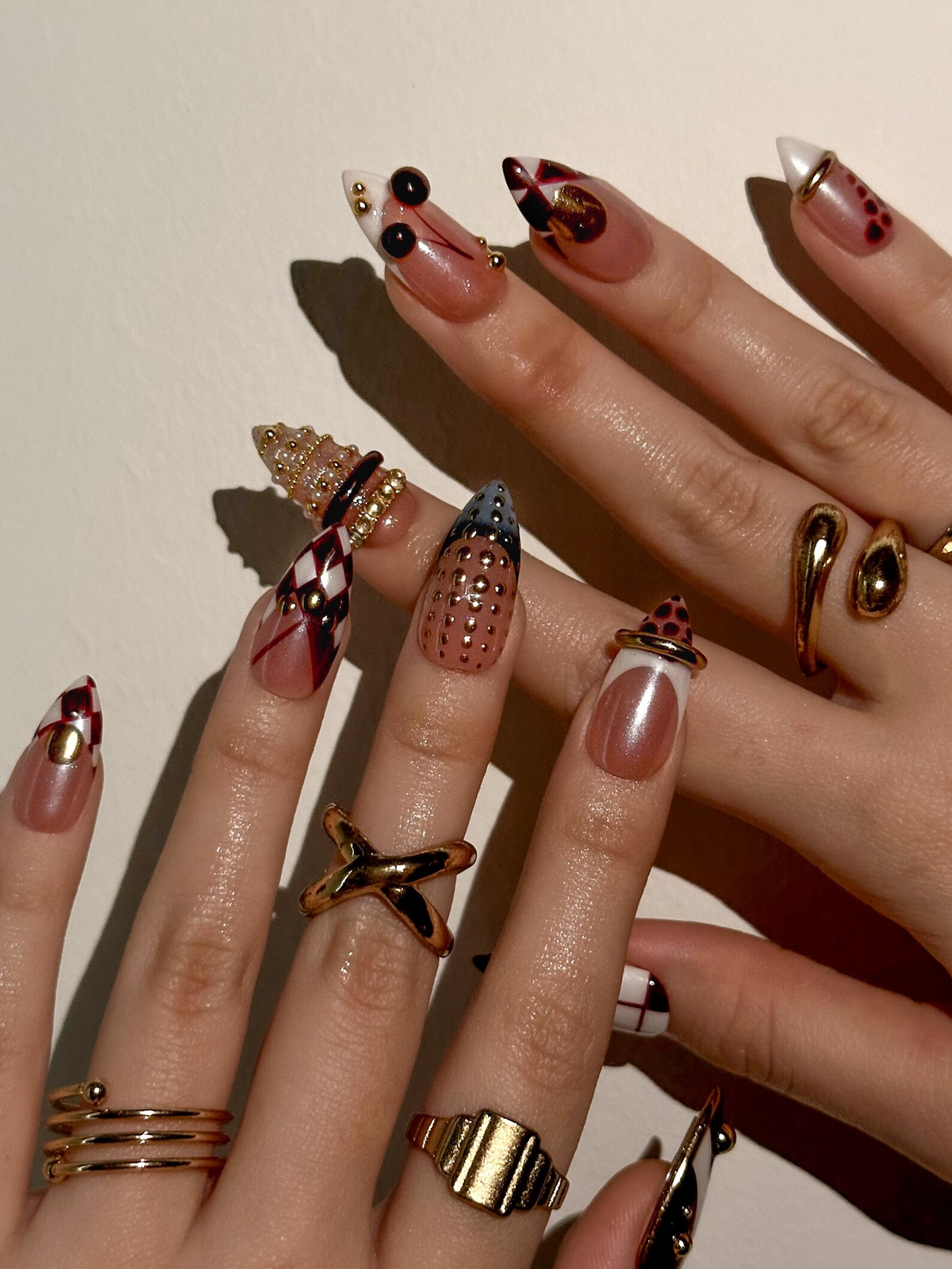 Gold Ring Luxury Press On Nails | Pearl Nude & Gold Hardware Nails | Luxury Gilded Almond Nail Art | High Fashion Jewelry Nail Set | OB296EC
