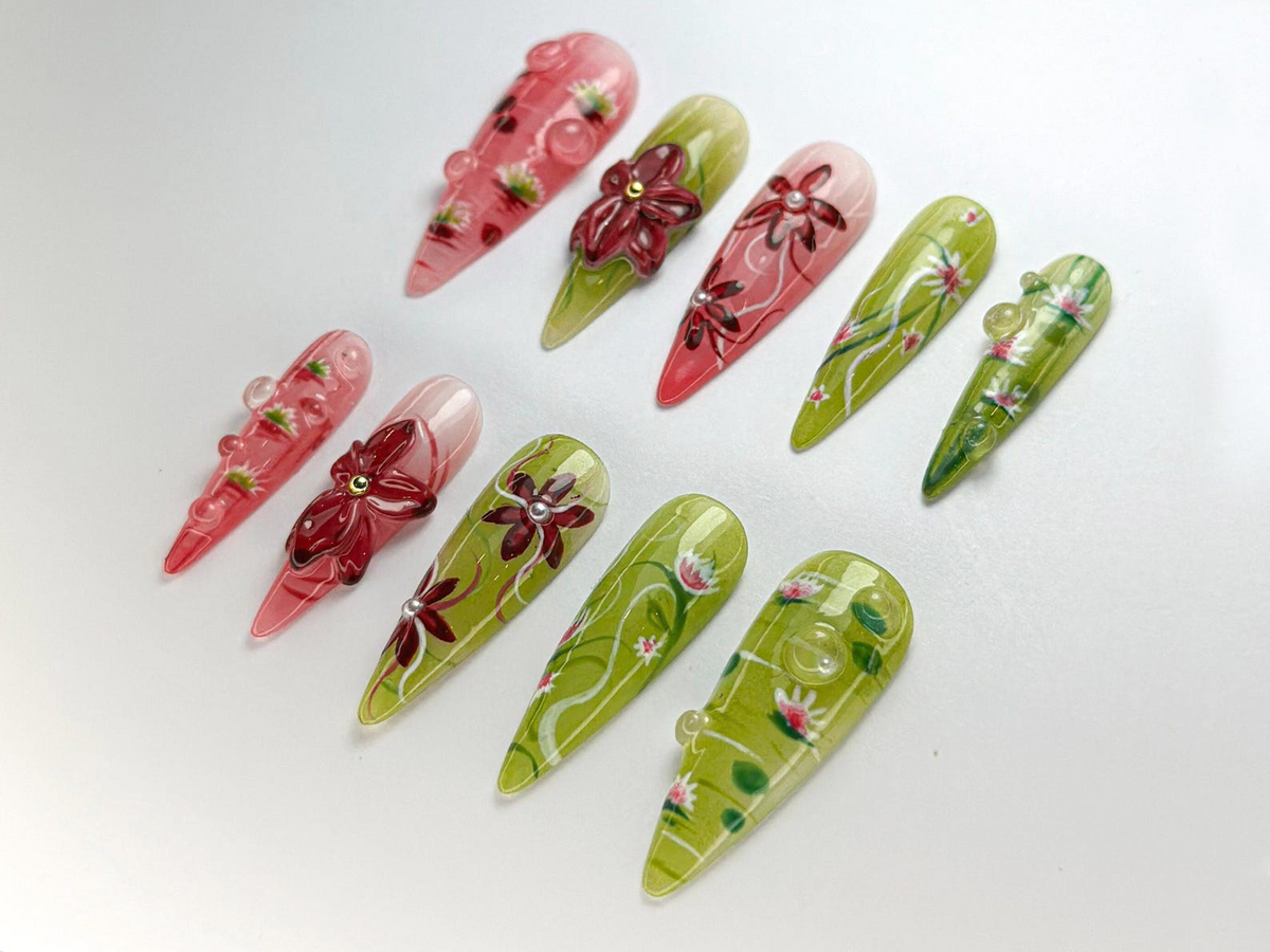 Spring Bloom Press-On Nails | Handmade Lotus Blossom Nail Set | Pink & Green Lotus Nail Art | Nature-Inspired Nails |OC720HC
