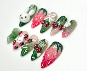 Strawberry Bunny Dreams Press On Nails | Cute 3D Fruit Nail Art | Sweet Berry Theme Nails | Pink 3D Kawaii Nails | OB923EC
