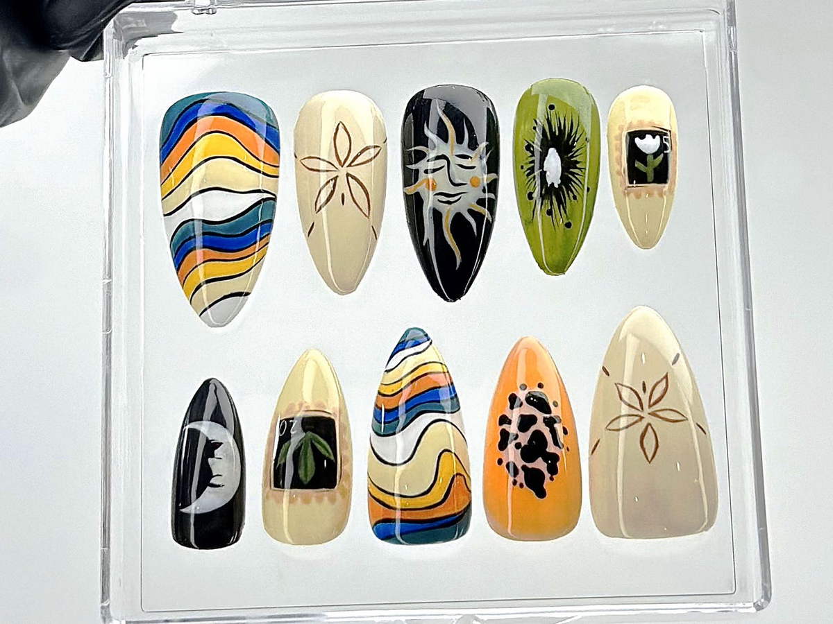 Boho Sun Moon Press On Nails | Groovy Earthy Fake Nails | Artistic Sun and Moon Nail Art | Custom Groovy Press Ons | Unique Nails | OB884YK