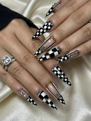 Black & White Gothic Press On Nails | Luxury Girl Stiletto Nail Art | Gold Accent Checker Nails | High Fashion Press Ons | OB1264EC