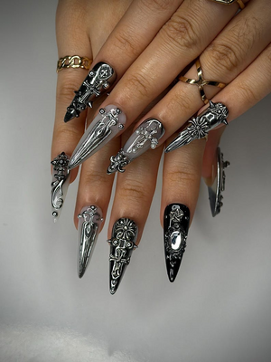 Gothic Silver Sword Press On Nails | 3D Cross & Dagger Nail Art | Handmade Dark Fantasy Nails | Medieval Armor Inspired Press Ons | OB159HK