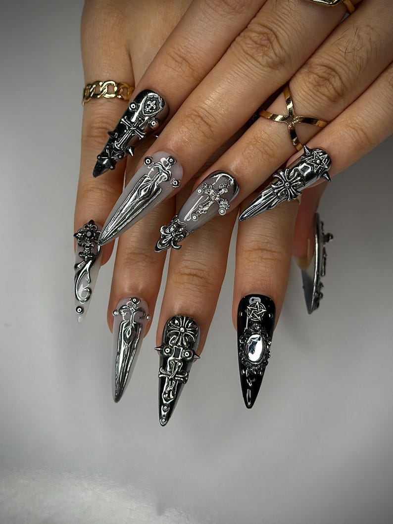 Gothic Silver Sword Press On Nails | 3D Cross & Dagger Nail Art | Handmade Dark Fantasy Nails | Medieval Armor Inspired Press Ons | OB159HK