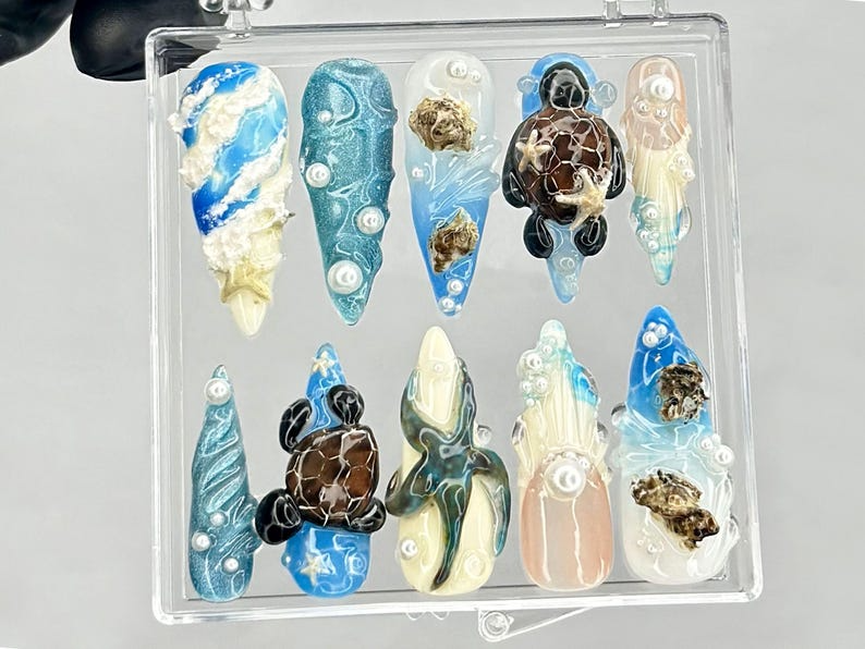 Under the Sea Press On Nails | Sea Turtle 3D Nail Art | Beach Theme Press Ons | Mermaid Core Fake nails | Blue Beach Vibes Nails | OB948YC