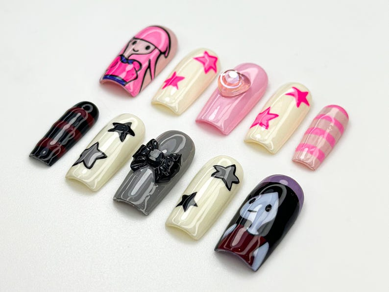 Adventure Time Press On Nails | Princess Bubblegum And Marceline Nails | Cute & Edgy Handmade Nails | Cartoon Inspired Press Ons | OB872HC
