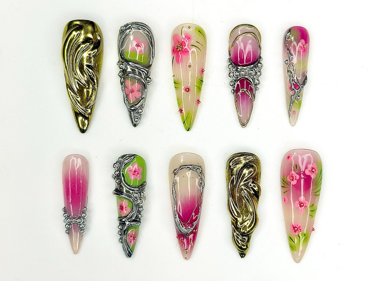 3D Luxury Floral Press On Nails | Flower Gold Chrome Nails | Handmade Statement Nail Art | Elegant Long Press Ons | OB997GK