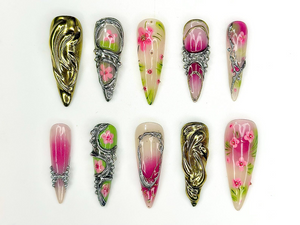 3D Luxury Floral Press On Nails | Flower Gold Chrome Nails | Handmade Statement Nail Art | Elegant Long Press Ons | OB997GK