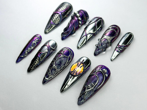 Metallic Dragon Scale Press-On Nails | Gothic Fantasy Inspired Set | Unique 3D Chrome Press-Ons | Cyberpunk And Gothic Nails | OB725HC
