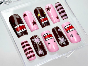 Kawaii Pink Monster Press On Nails | Domo Character Nail Art | Pink & Brown Cartoon Nails | Cute Star Stripes Nails | Handmade Nails|OC970DC