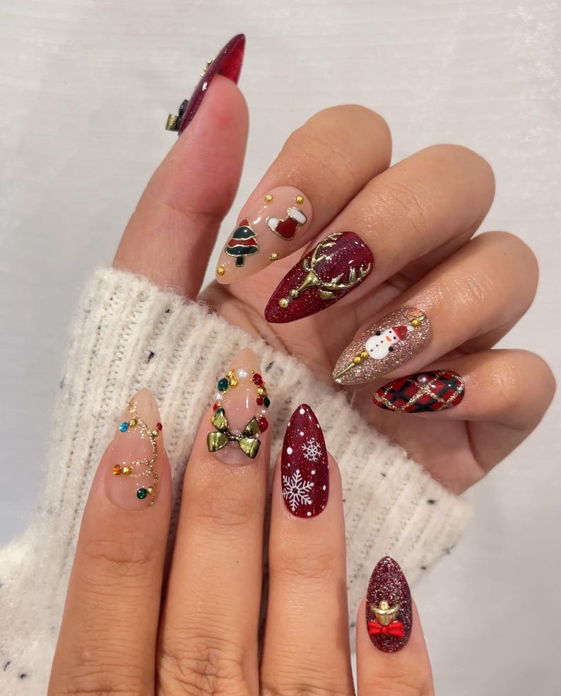 Luxe Christmas Press On Nails | Red Green Gold Christmas Nails | 3D Bow & Bell Nail Art | Festive Winter Press Ons | Christmas Set| OB1208H
