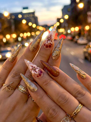Luxury Gold Floral Press On Nails | Spring Floral Crystal Nail Art | | Gold Sculpted Couture Nails | Long Stiletto Nails | OB968EC