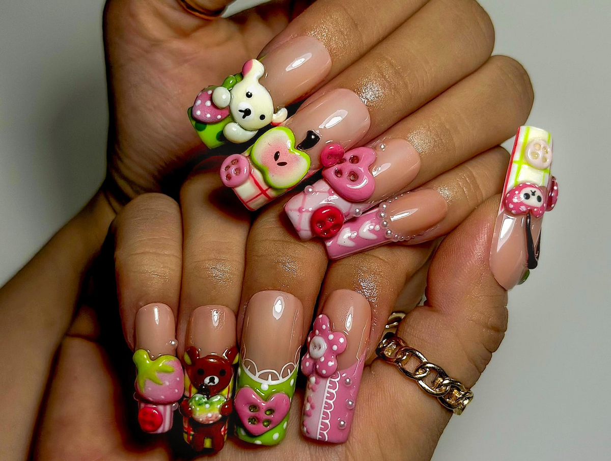 Kawaii Bear Candy Press On Nails | 3D Cute Apple Cherry Nail Art | Pastel Pink Green Y2K Vibes | Cartoon Dessert-Inspired Nails | OB986EC