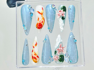 Koi Fish Press On Nails | 3D Water Lily Fake Nails | Japanese Koi Nail Art | Ocean Theme Press Ons | Goldfish & Lotus Nails | OB924YC