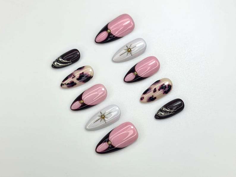 Pink Noir Star Press On Nails | Chic French Tip Nail Art | Leopard Accent Nails | Elegant Handmade Nail Set | OC1120BC