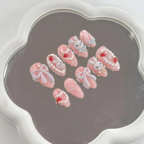 Soft Pink Bunny Press On Nails | Kawaii Nail Art with Bows | Handmade Pastel Nails | Sweet Gift for Her | OB1112GC