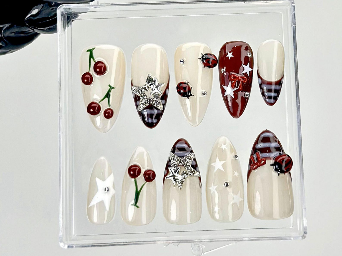 Retro Cherry Star Press On Nails | Y2K Indie Style Fake Nails | Burgundy French Tips Nail Art | 2000s Indie Inspired Press Ons | OC928YC