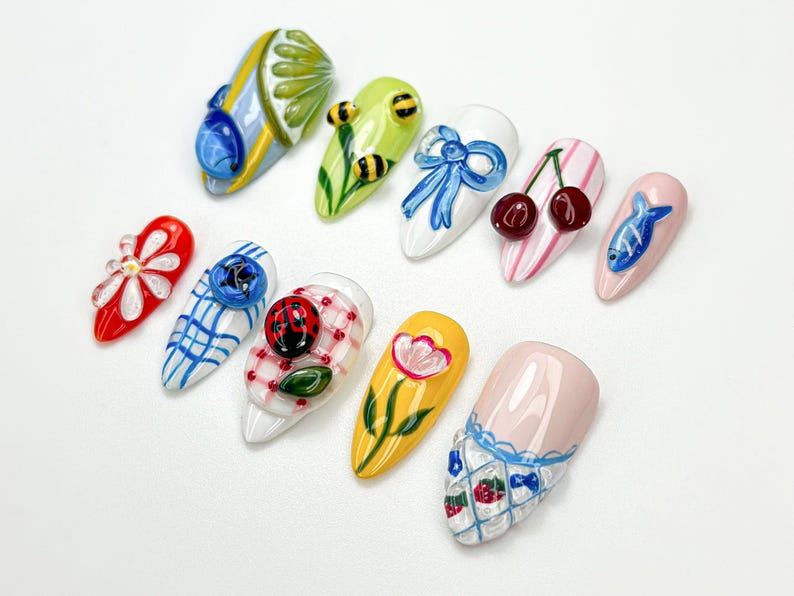 Garden Picnic Summer Press On Nails | 3D Cherry, Bee & Flower Nail Art | Summer Cottagecore Nails | Cute Colorful Press Ons | OB896HC