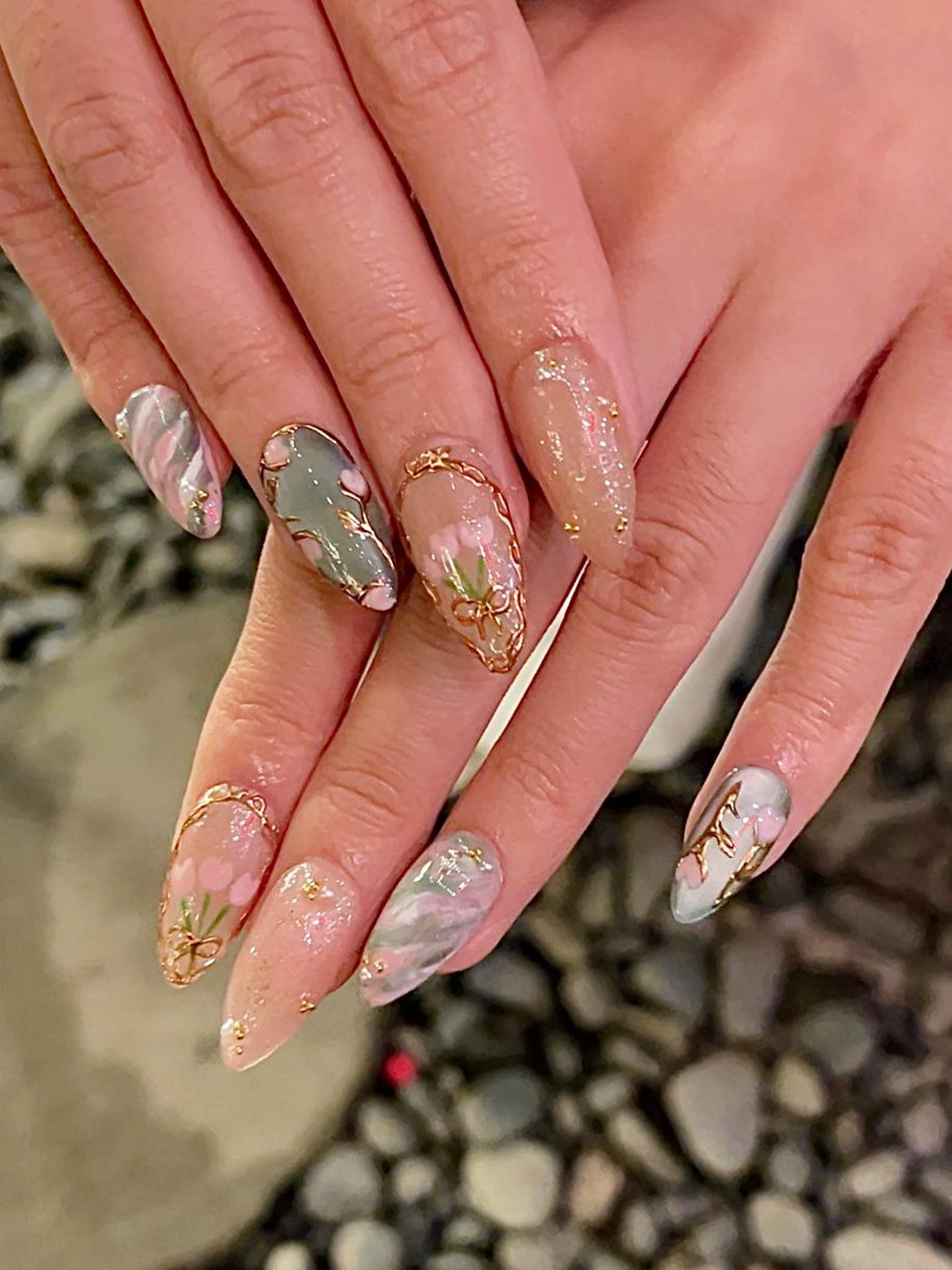 Vintage Tulip Press On Nails, Sage Green and Pink Marble Nails with Gold Rose Frame, Elegant Floral Hand-Painted Custom Nails, OB307HK