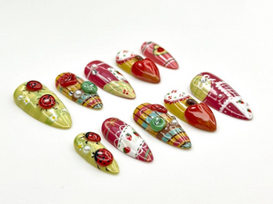 Ladybug, Strawberry Press On Nails | Vintage Strawberry Nail Art |3D Fruit & Plaid Design Nails |Summer Fruit Press Ons |Cute Nails |OB835YK