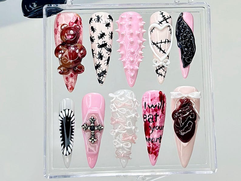 3D Punk Gothic Press On Nails | Edgy Pink Fake nails| Kawaii Horror Y2K Nail Art | Pink Horror Kawaii Nails | 3D Bloody Bear Nails| OB937YC