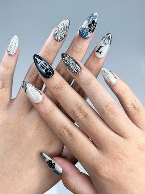Kpop Inspired Indigo Voyage Nails | 7 Spirit Arirang Silver Shark Nails | Ocean Muse 3D Chrome Nails | Handmade Nails | OC357IC