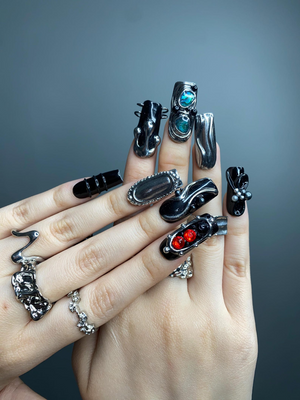 Gothic Black Press On Nails | Dark Silver Nail Art with Red Stones | Handmade Luxury Nails | Statement Gift for Her | OB1255GC