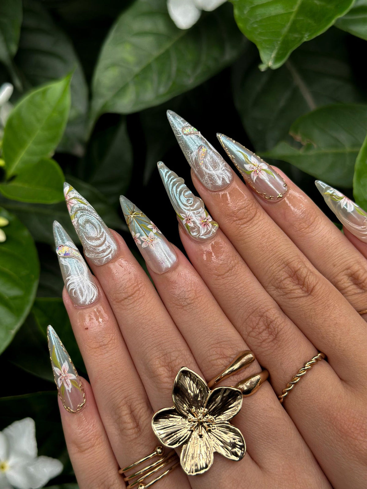 Ethereal Floral Press On Nails | Pearl Chrome Stiletto Nails | 3D White Flower Nails | Luxury Bridal Nails | Elegant Handmade Nail| OB1296NC
