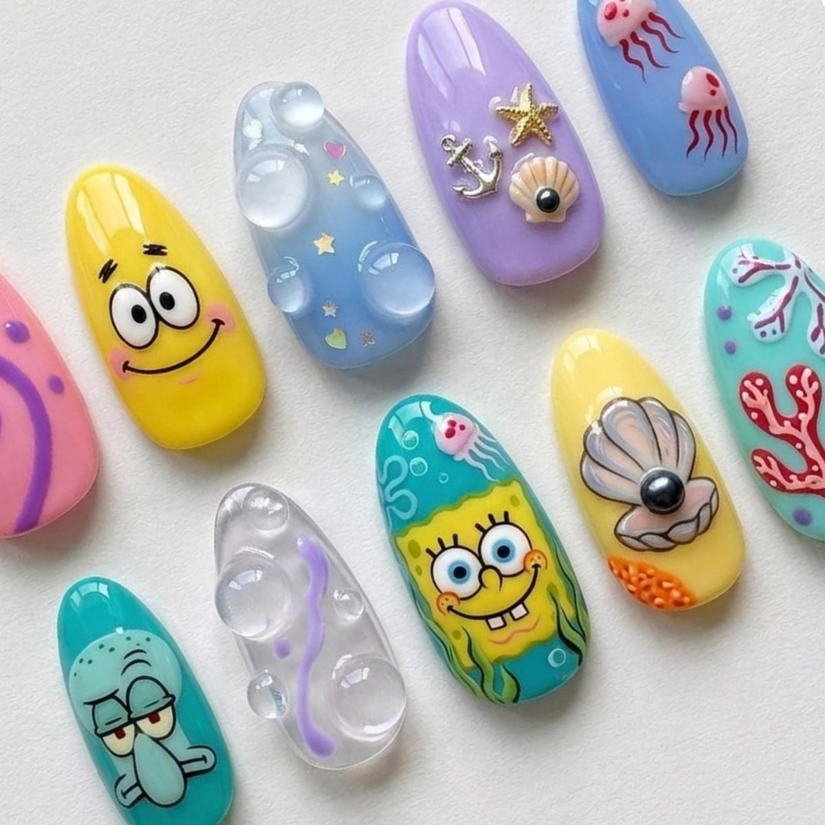 SpongeBob Press On Nails Summer Handpainted Cartoon Patrick Star Squidward Custom Fake Nails 3D Water Bubble Jellyfish Summer Nails | OB412L