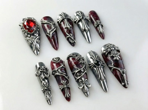 Gothic Blood Cross Press On Nails | Dark Red Medieval Nails | Silver Armor Nail Art | Gothic Cross Statement Nails | OB265EK
