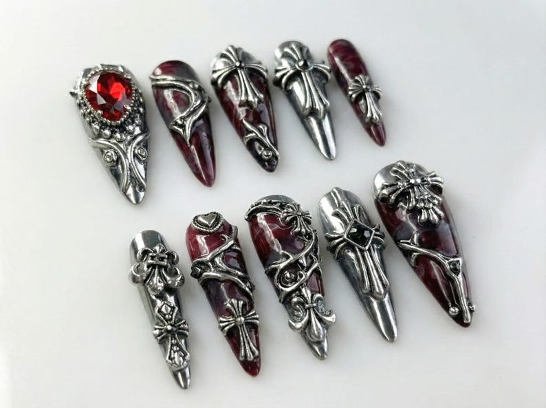 Gothic Blood Cross Press On Nails | Dark Red Medieval Nails | Silver Armor Nail Art | Gothic Cross Statement Nails | OB265EK